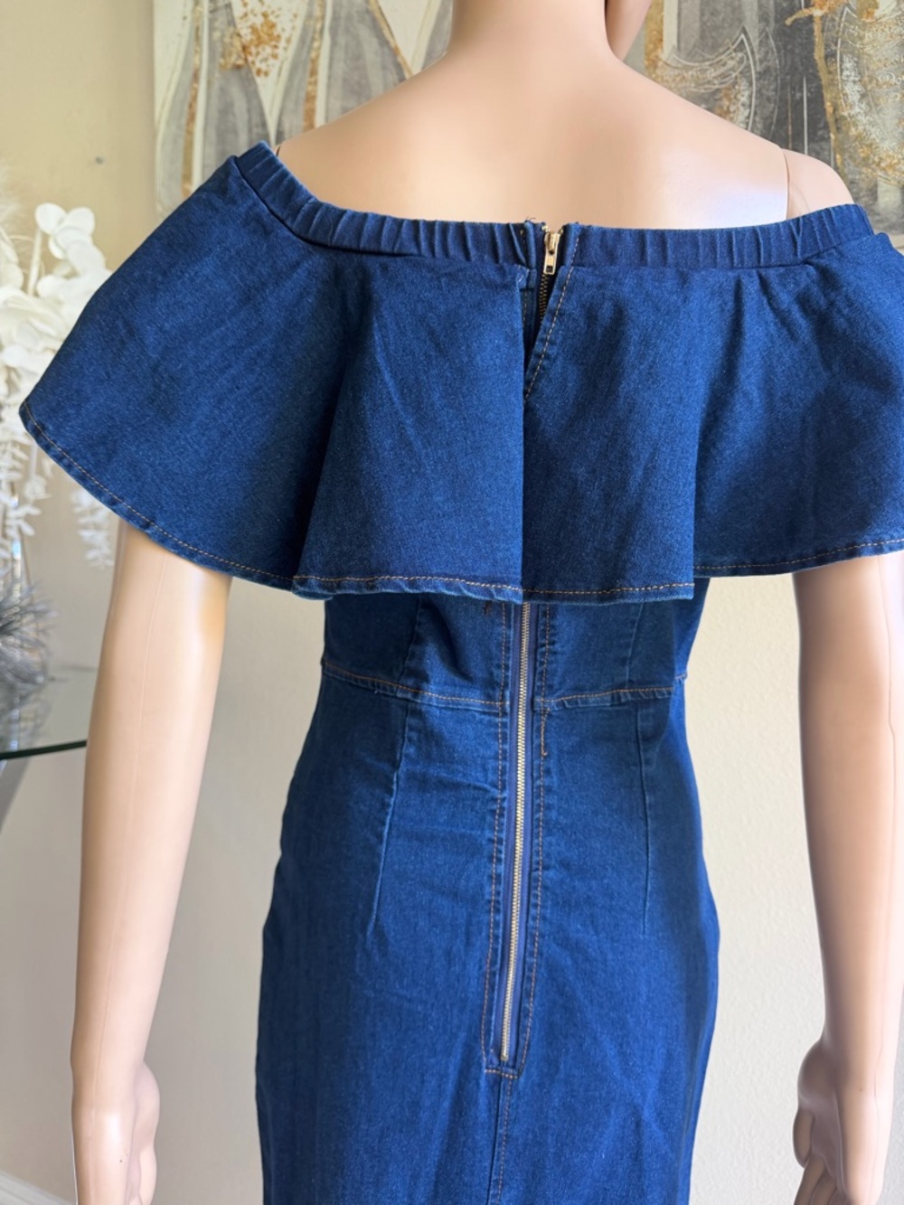 Off-Shoulder Ruffle Denim Midi Dress - Navy - Picture 3 of 6